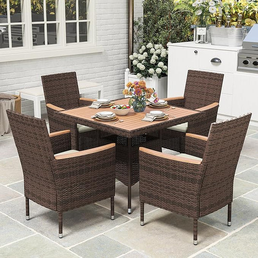 Wisteria Lane Patio Dining Sets for 4, All Weather Rattan Outdoor Table and Chairs with Acacia Wood Tabletop, Patio Dining Furniture with Removable Cushions for Deck Garden, Backyard, Brown