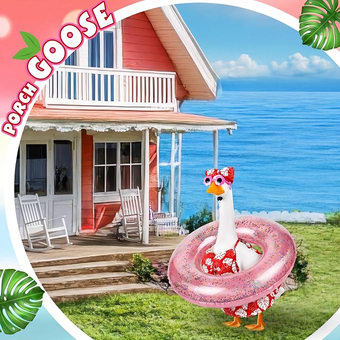 Bikini Porch Goose Outfits with Sunglasses and Swimming Tube for 23" Summer Goose Costume Garden Patio Statue Decor(Hot Pink Monstera)