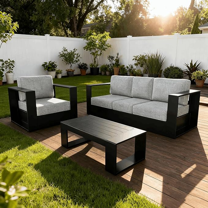 3 Pieces Patio Furniture Set with Coffee Table, Metal Modern Conversation Set with Deep Seating and Widened Aluminum Frame for Deck, Porch, Garden