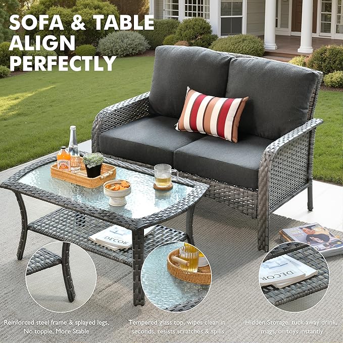 Weaxty 8 Pieces Outdoor Patio Furniture Sets with Swivel Rocking Patio Chairs and Loveseat Sofa,Coffee Table,All Weather Wicker Conversation Set for Deck Backyard Porch Poolside, Black