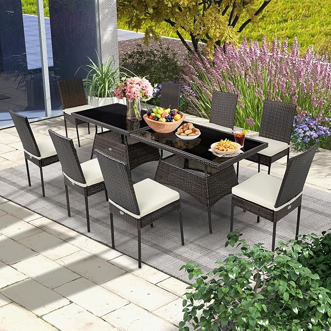 Tangkula 10 Pieces Wicker Patio Dining Set, Outdoor Rattan Table & Chairs Set with Padded Cushions, Patio Furniture Dining Glass Table Set for Balcony Patio Garden Poolside