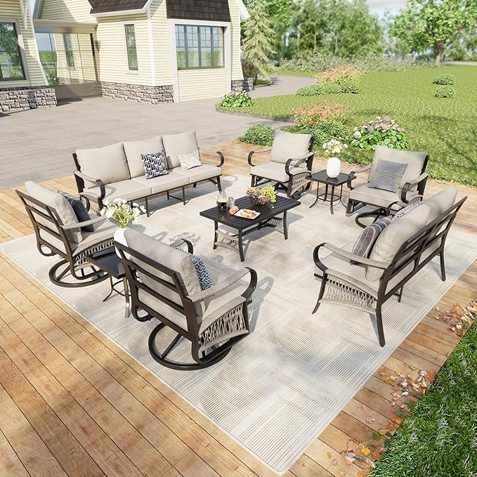 9 Pieces Patio Furniture Set, Metal Outdoor Conversation Sets with Swivel Chairs, Modern Couch Sofa Seating Group with Coffee Table and Side Table (Thick Beige Cushions)