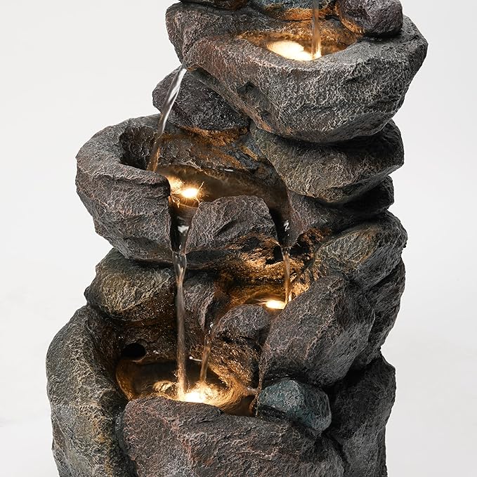 28" Outdoor Water Fountain - Durable Polyresin Natural Rock Style Waterfall with LED Lights & Adjustable Pump, Serene Water Fountain Outdoor for Garden, Patio, Deck, and Backyard Decor (27.95")