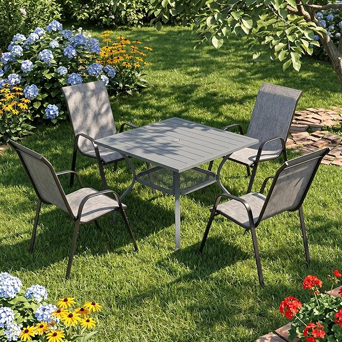 VICLLAX Patio Dining Set for 4, All Weather 5-Piece Patio Set-37.8" Square Outdoor Table and 4 Stackable Chairs for Lawn Garden and Backyard,Grey Tabletop