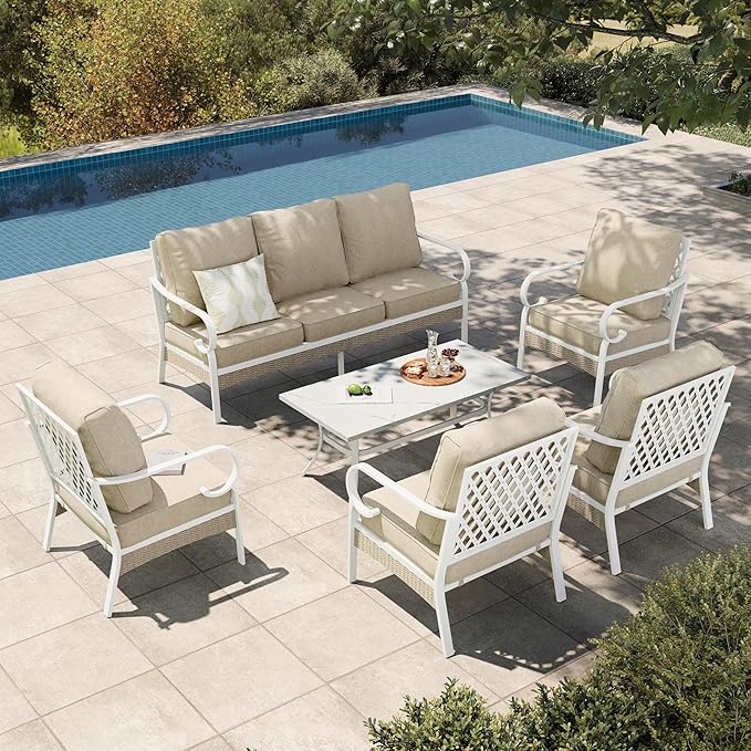 HERA'S HOUSE 6 Pieces Metal Patio Furniture Set, All Weather Outdoor Conversation Sets with 3-Seat Sofa, 4 Fixed Chairs & Coffee Table, 7 Seats for Backyard, Garden, Deck, White/Beige