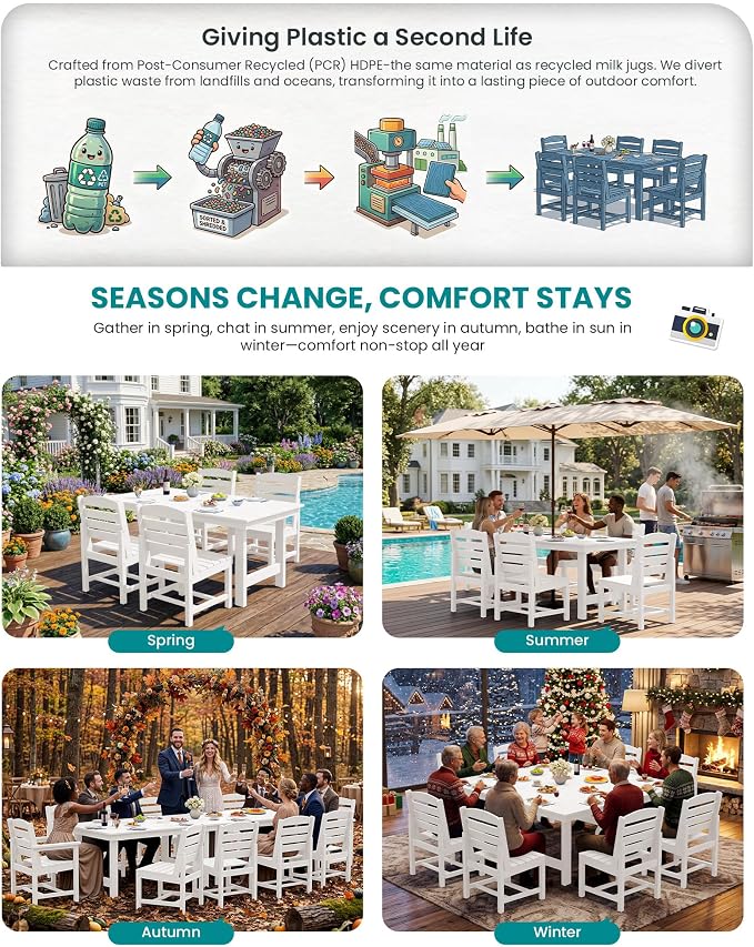 SERWALL Patio Dining Sets for 10 Person, HDPE Dining Set with 2 Tables, 8 Armless Chairs and 2 Armed Dining Chairs, White