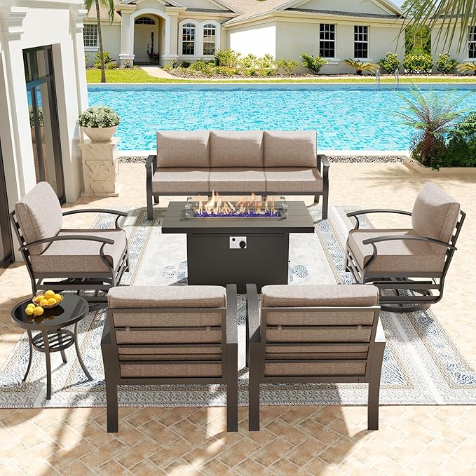 Kullavik Aluminum Patio Furniture Set,7 Pieces 7 Seat Metal Outdoor Furniture Conversation Set w/45 Propane Gas Fire Pit,Swivel Rocking Chairs Set,Sand