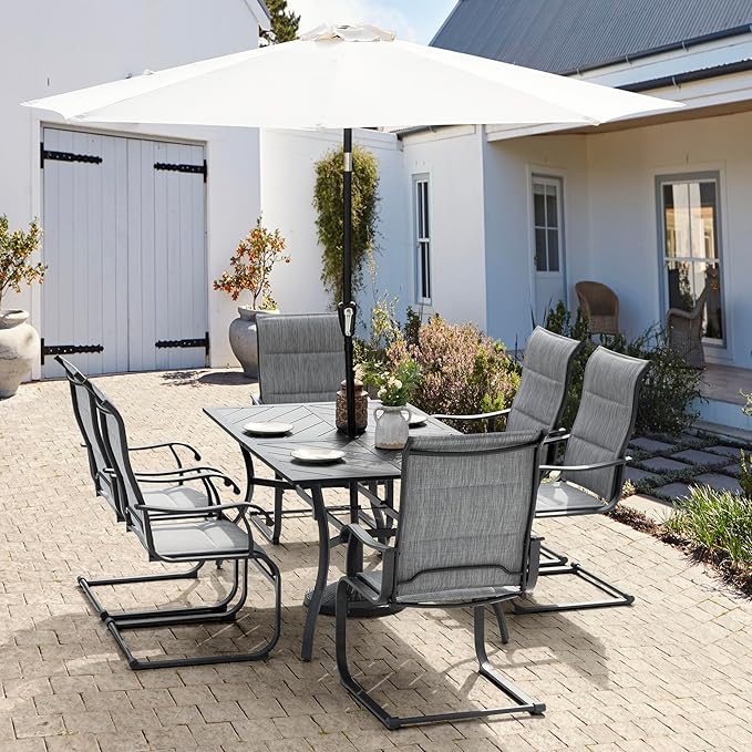 NUU GARDEN 7 Piece Outdoor Dining Set, 6 All Weather Padded Textilene Patio Chairs and 61" Rectangular Dining Table with 1.77" Umbrella Hole, for Garden, Patio, Light Grey and Black