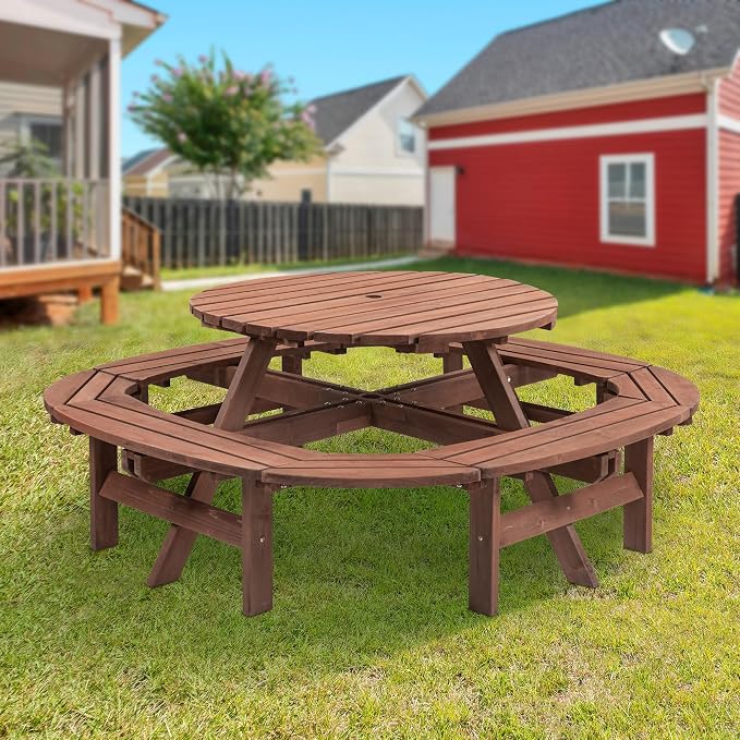 8-12 Person Outdoor Round Wooden Picnic Table with 8 Built-in Benches, Umbrella Hole, Outside Table and Bench Set for Garden, Backyard, Porch, Patio and Deck