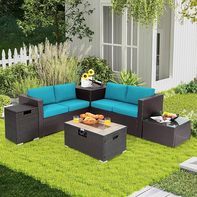 Tangkula 6 Pieces Patio Wicker Furniture Set with 32 Inches Propane Fire Pit Table and Tank Holder, Outdoor Conversation Set with Storage Box and Coffee Table, 2 Waterproof Covers Included (Turquoise)