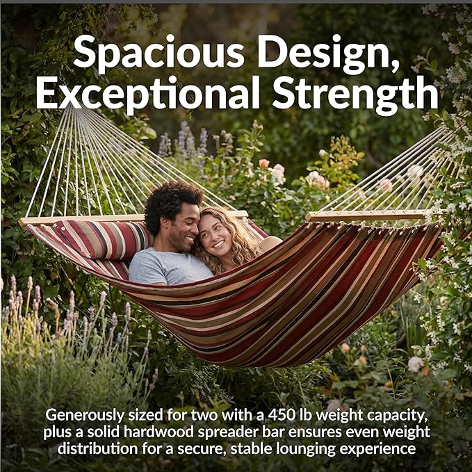 Sunnydaze Quilted Outdoor Hammock with Spreader Bars - Heavy-Duty 450-Pound Capacity Double Hammock for Outside - Awning Stripe