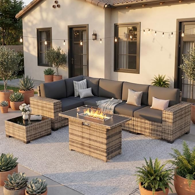 UDPATIO Patio Furniture Set with Fire Pit Table, L-Shaped 8" Armrest Sectional Set, All-Weather PE Rattan Conversation Furniture w ‌Thick Cushions, Coffee Table for Outdoor Backyard Porch Grey
