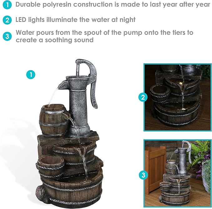 Sunnydaze Cozy Farmhouse Pump and Barrels 23-Inch Outdoor Fountain with LED Lights - Polyresin - Electric Submersible Pump