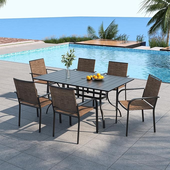 Anmutig 7-Piece Outdoor Patio Dining Set, 6 Stackable Patio Outoor Chairs & Rectangular Dining Table with All Weather Frame Furniture Set - 63" x 38" Brown Tan