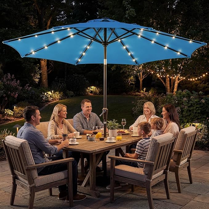 Garvee 10FT Patio Umbrella with 32 Solar LED Lights, Outdoor Table Market Umbrella with Tilt and Crank, 8 Sturdy Iron Ribs Sun Shade for Garden, Deck, Backyard and Pool, Turquoise Blue