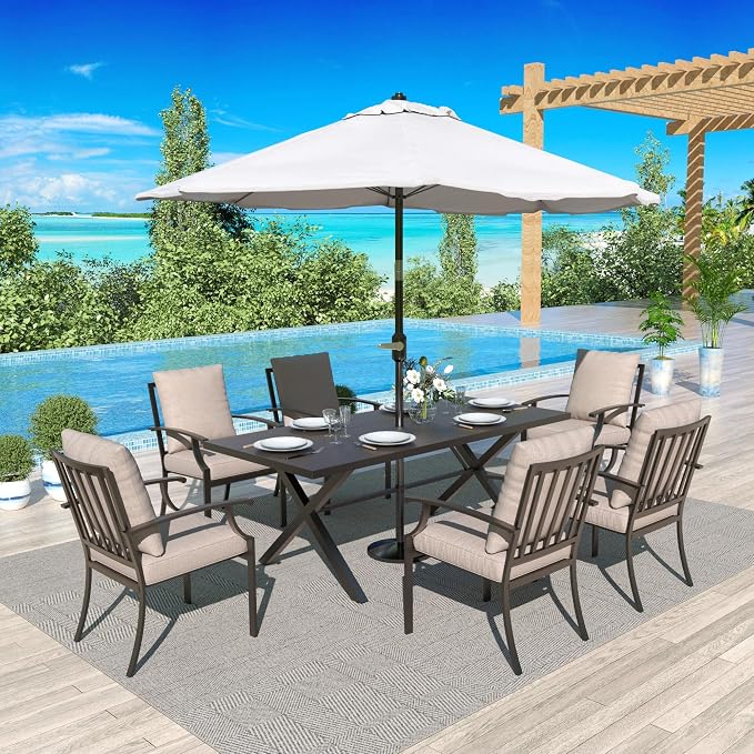 Gotland 7 Piece Outdoor Dining Set, Metal Outdoor Table and Chairs with X-Shaped Legs 1.5" Umbrella Hole, Patio Furniture Set with Waterproof Cushions, Patio Dining Sets for Backyard Deck Khaki