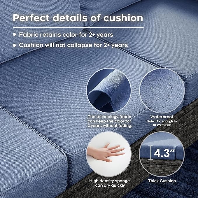 Brafab 7 Seats Outdoor Patio Furniture Set, Wicker Swivel Chairs Conversation Sets with Ottomans and Cushions, High Back Sectional Sofa with Gilder Chair for Yard Garden Porch, Blue