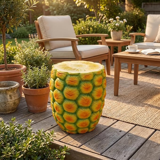 Pineapple Shaped Resin Stool 14" – Outdoor Garden Stool, Side Table & Plant Stand | Weather-Resistant Tropical Decor for Patio, Balcony, Living Room, Indoor & Outdoor Use (Pineapple)