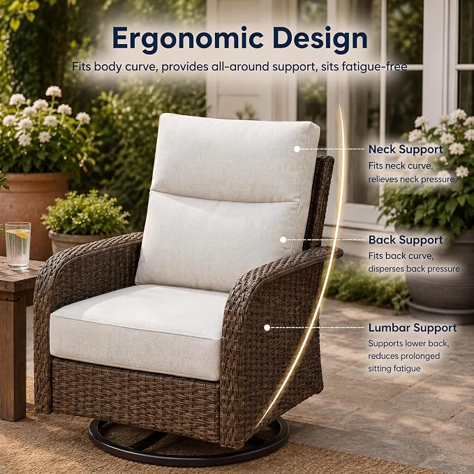 7 Seats Outdoor Patio Furniture Set with 44" Gas Fire Pit Table, Wicker Swivel Rocking Chairs Conversation Sets with Cushion, High Back Sectional Sofa with Gilder Chair for Yard Garden Porch, Beige
