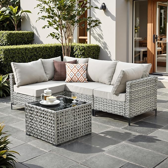 Outdoor Patio Furniture Sets,5 PCS Patio Conversation Set Outside Rattan Sectional Sofa with Coffee Table Fit Backyard Porch Garden Poolside Balcony