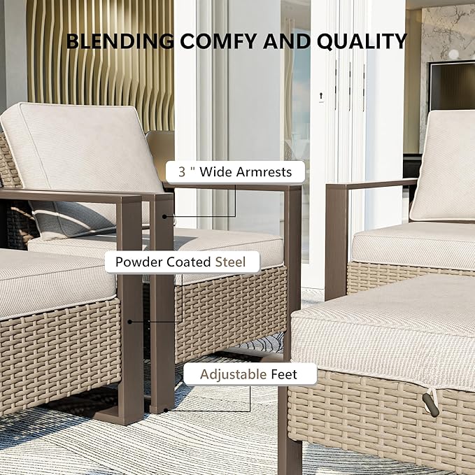 4 Piece Patio Furniture Set, Outdoor Wicker Chair and Ottoman, Metal Patio Furniture with Deep Seating, Thicken Cushions for Deck, Porch, Yard Use (Beige, 4 PCS/Chairs)