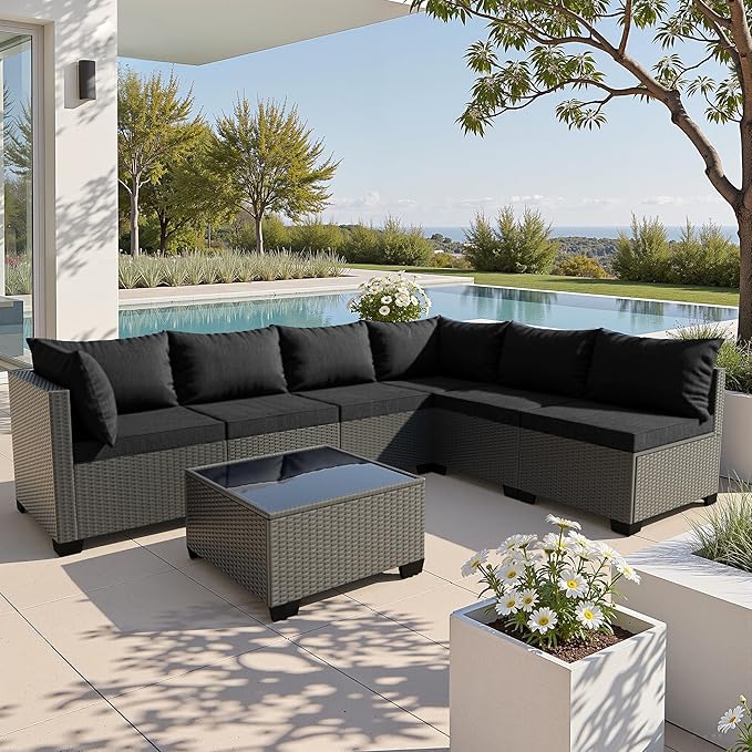 7 Piece Patio Furniture Set, All-Weather Water-Resistant Wicker Rattan Sectional Sofa, Modular Outdoor Conversation Set for Backyard, Garden, Poolside, Balcony