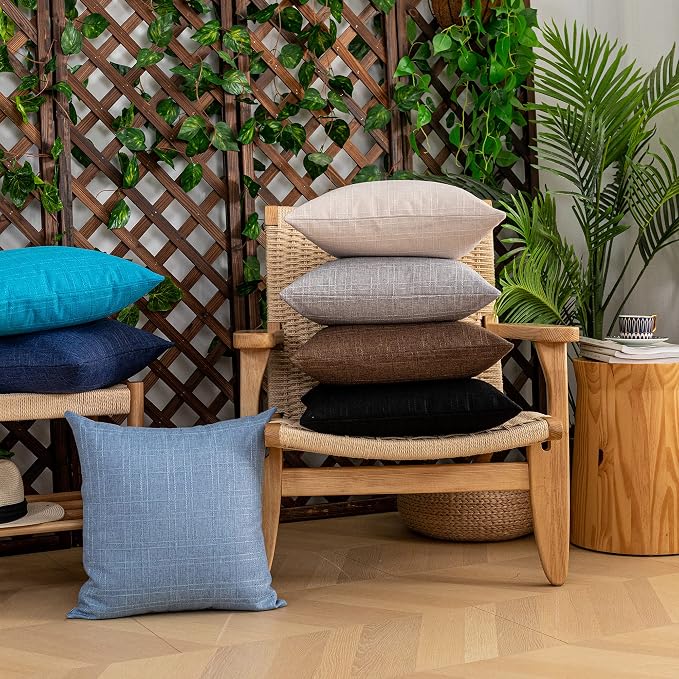Kevin Textile Outdoor Waterproof 16”x16” Pillow Covers 2 Pack, Black | Water Resistant, Soft Faux Linen-cotton Yarn-dyed Woven Texture Throw Pillow Covers for Tent Patio Garden Couch Sofa
