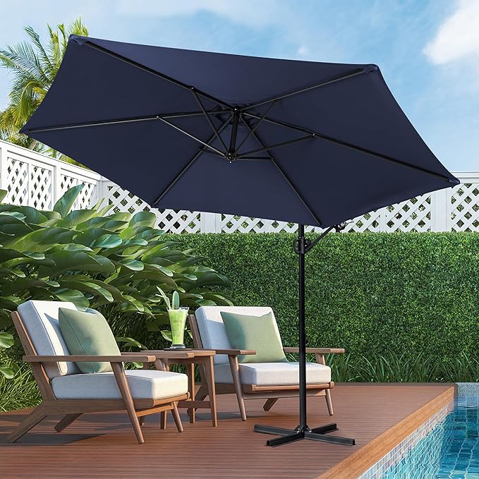 Shintenchi Offset Patio Umbrella with Easy Tilt Adjustment,Crank and Cross Base, Outdoor Cantilever Hanging Umbrella, Sunshade Free Standing Canopy, Navy Blue