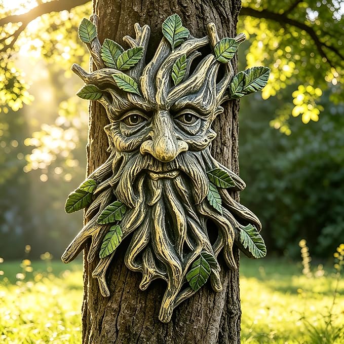 Whimsical Tree Face Garden Decoration ，Tree Faces Decor Outdoor Wallmounted Statue Art with Leaf Features, Outdoor Decor Garden Accessory (Nature and Outdoors)
