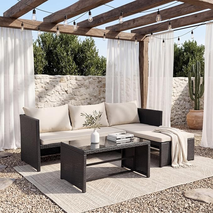 Tappio 3 Pieces Patio Furniture Sectional Sets, 3-Piece Outdoor PE Rattan Furniture Sets, Outdoor All-Weather PE Rattan Wicker Lawn Conversation Sets with Cushion and Glass Table (Begie)