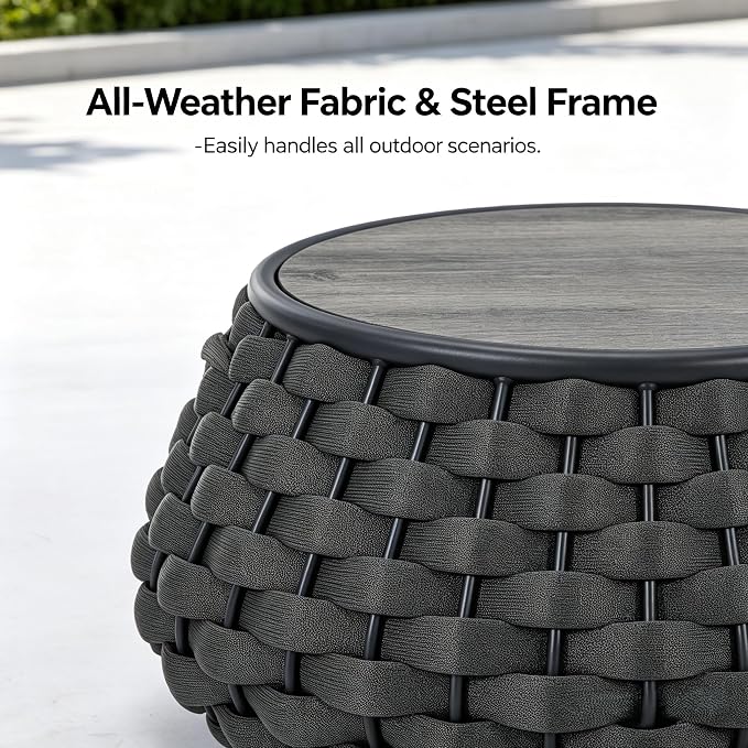 YDcosyfy Large Round Outdoor Side Table, 28 Inches Patio End Table with Removable Wood Top, Outside Coffee Table, All-Weather Metal Frame, Hollow Out Bottom Storage, for Balcony, Porch, Garden, Gray