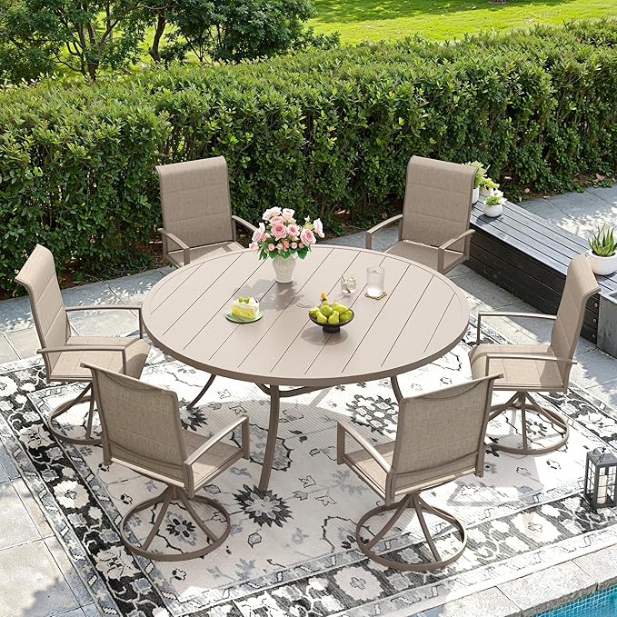 DIFY 7 Pieces Outdoor Patio Dining Set, 6 Sandshell Padded Textilene Swivel Dining Chairs and 53" Sandshell Round Metal Dining Table, Outdoor Table and Chairs for Poolside Backyard Deck