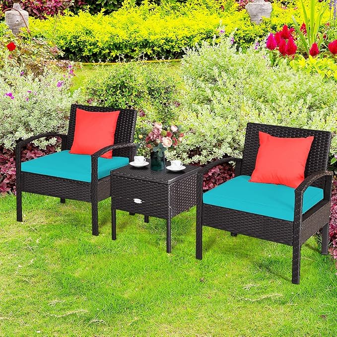 HAPPYGRILL 3 Piece Patio Furniture Set Rattan Wicker Sofa Set with Removable Cushions and Coffee Table, Outdoor Conversation Bistro Chairs Set with Storage Table for Garden Poolside Balcony