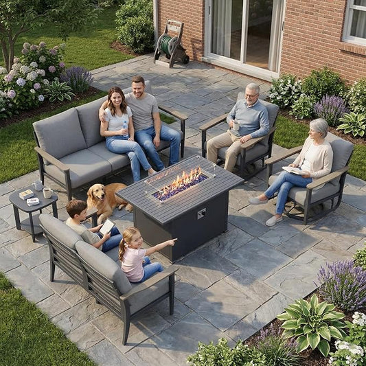 Aluminum Outdoor Patio Furniture Set with Swivel Rocking Chairs 7-Seat, Patio Sectional Sofa Patio Conversation Set with 55,000 BTU Fire Pit Table High Backrest & Thickened Cushions, Grey