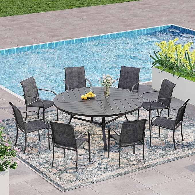 VICLLAX 9 Pieces Patio Outdoor Dining Set, 53" Round Metal Table with Umbrella Hole and 8 Stackable Textilene Chairs for Patio, Lawn, Garden, Porch, Black/Grey