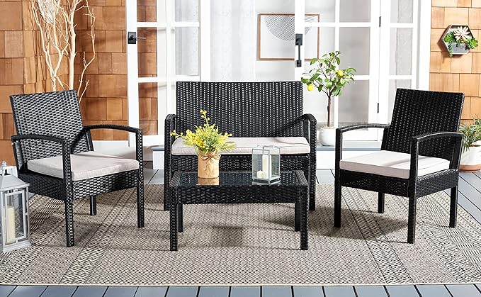 SAFAVIEH Outdoor Collection Bassey Black/Light Grey Cushion 4-Piece Conversation Patio Set