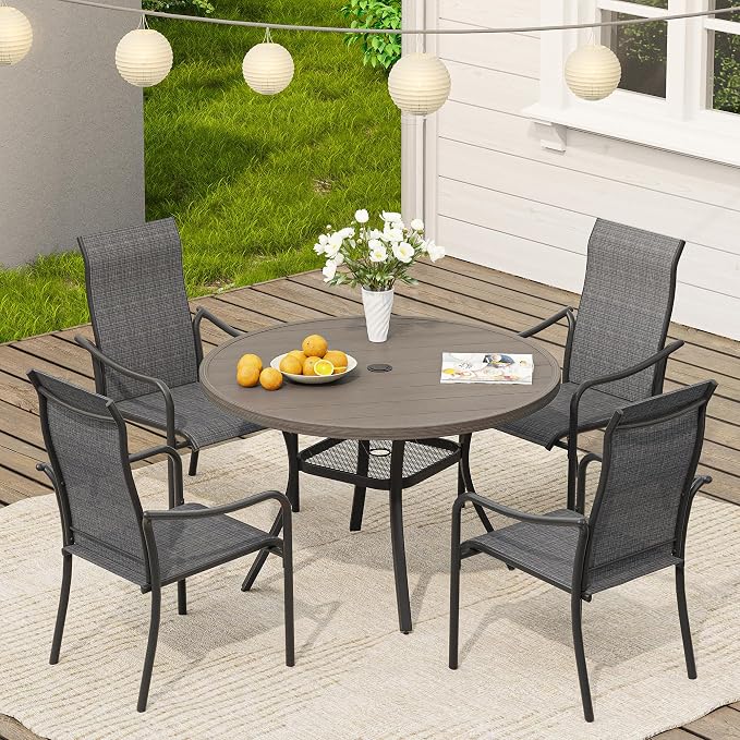 VICLLAX 40.6" Round Patio Table, Outdoor Dining Table for 4 with Umbrella Hole for Garden Lawn Deck Backyard, Antique Grey