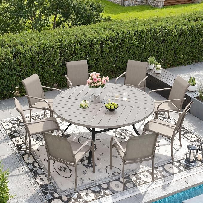 DIFY 9 Pieces Outdoor Patio Dining Set for 8, 53.1" Grey Wood-Like Round Metal Dining Table and 8 Sandshell Stackable Textilene Patio Chairs, Outdoor Table and Chairs for Backyard Garden Poolside