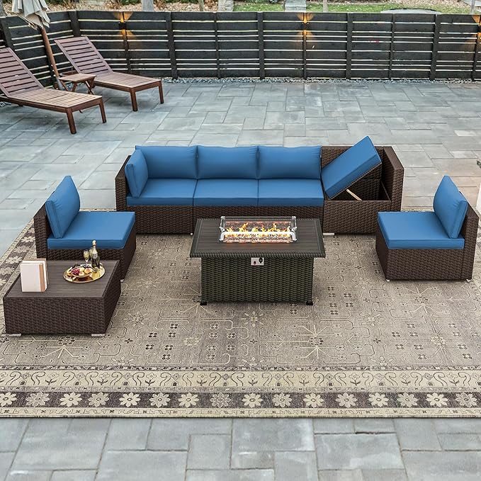 HOMREST 8 Pieces Outdoor Patio Furniture Set with 44" Propane Fire Pit Table, PE Rattan Sectional Sofa Conversation Set w/Adjustable Bracket, Wood Coffee Table for Backyard (Blue)