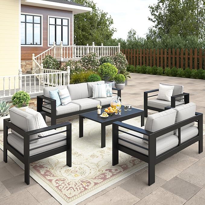 Wisteria Lane 5-Piece Outdoor Patio Furniture Set, Outdoor Sectional Furniture with Upgraded Cushions, Outdoor Conversation Seating Set for Balcony, Garden, Deck, Backyard, Black