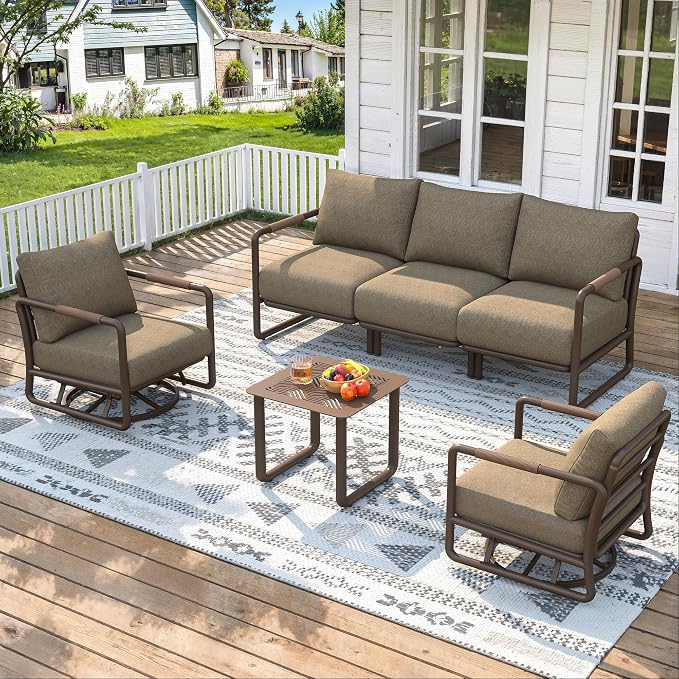 5-Seat Outdoor Aluminum Patio Set with Coffee Tables & 2 Swivel Rocking Chairs, All-Weather Conversation Sofa for Balcony, Garden (Brown)