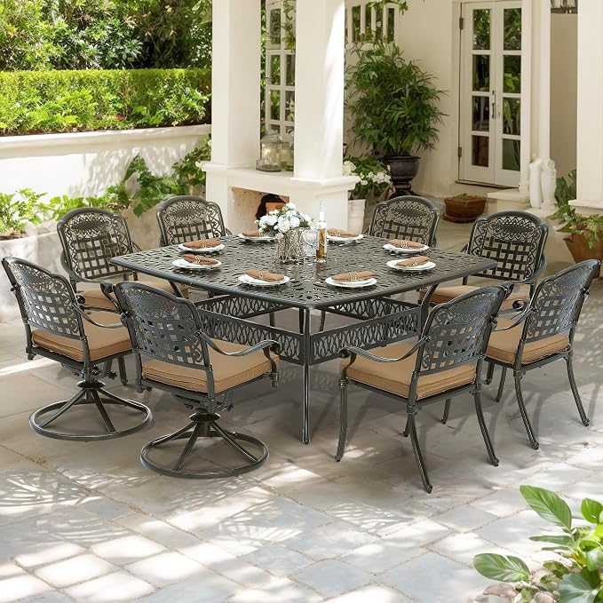 SOCIALCOMF 9-Piece Patio Cast Aluminum Dining Set, Outdoor Table and Chairs Set for 8, Includes 64" Large Square Dining Table, 6 Stationary, 2 Swivel Dining Chairs with Umbrella Hole, Tan