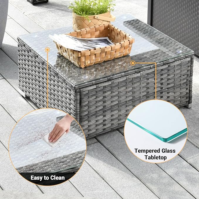Weaxty 8 Piece Outdoor Sectional with Fire Pit Table, All Weather Wicker Patio Furniture Set with Swivel Rocker Chair Coffee Table, Thick Cushion Couch Conversation Sets for Garden Deck Backyard Blue