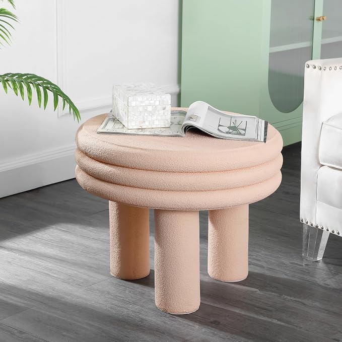 JONATHAN Y Rashida 18" Modern Round Polyresin Indoor Outdoor Accent Side Table, Weather Resistant Table with Chunky Ribbed Stacked Ring Design and Tripod Pillar Base, Pink Frosted TBL1106B