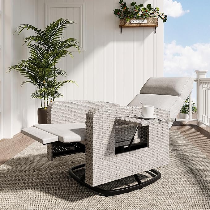 Outdoor Recliner Chair,Reclining Patio Chair with Adjustable Back and Extended Footrest,All-Weather Wicker 360° Swivel Chairs with Flip-up Table for Pool Deck Balcony