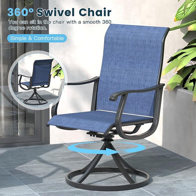 3 Pieces Patio Furniture Dining Set, 2 Textilene Swivel Dining Chairs, 28" Outdoor Square Metal Table with Storage Shelf, Outdoor Dining Set for Porch, Lawn, Garden, Black/Blue