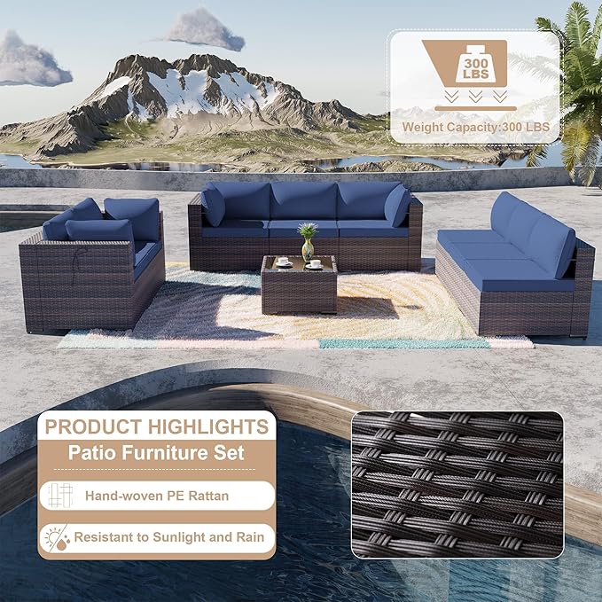 ALAULM 9 Pieces Patio Furniture Set Wicker Patio Conversation Set with 4 Corner Sofas, Outdoor Sectional Furniture w/Coffee Table & Washable Seat Cushions-Dark Blue