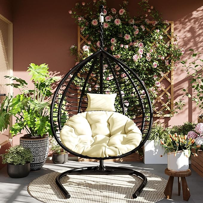 Folding Egg Chair, Outdoor Hanging Hammock Chair with Stand, Patio Wicker Hanging Chair with Iron Frame and Plush Cushion & Removable Headrest for Bedroom, Balcony, Garden (BlackBeige-A)