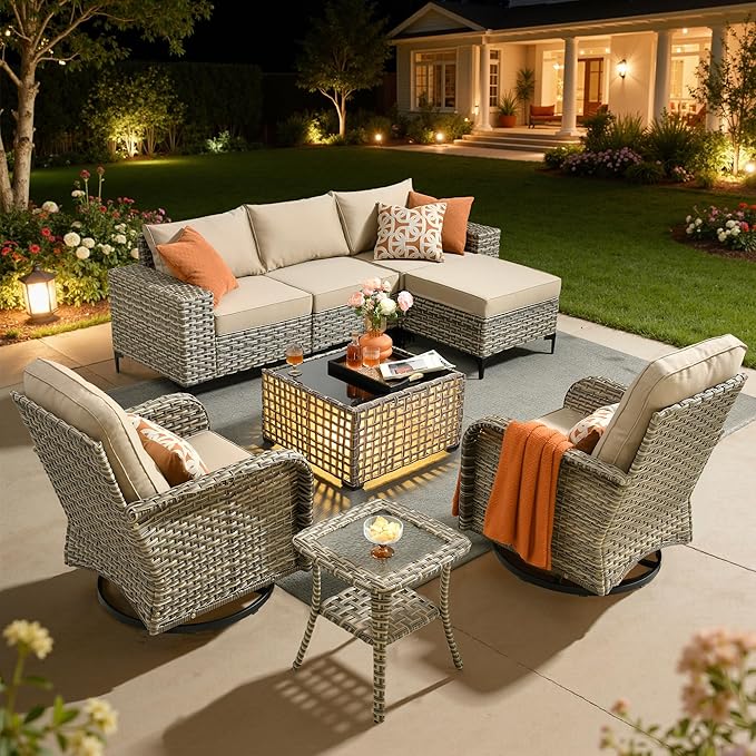 HOOOWOOO 8 Pieces Patio Furniture Set,L Shaped Outdoor Sectional Couch with Swivel Chiars Solar Table, Pe Wicker All Weather Outside Conversation Sofa Ottoman Set,Beige