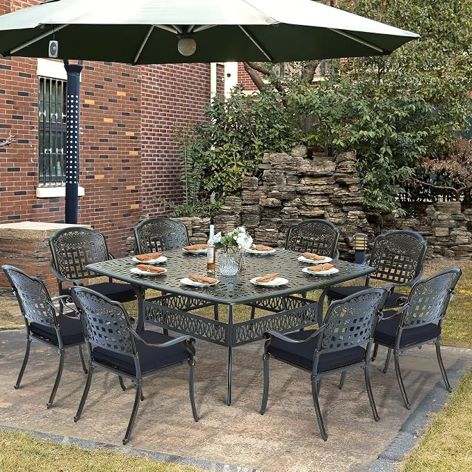 9-Piece Patio Cast Aluminum Dining Set, Outdoor Table and Chairs Set for 8, Includes 64" Large Square Dining Table and 8 Cushioned Chairs with Umbrella Hole for Lawn Garden, Navy Blue